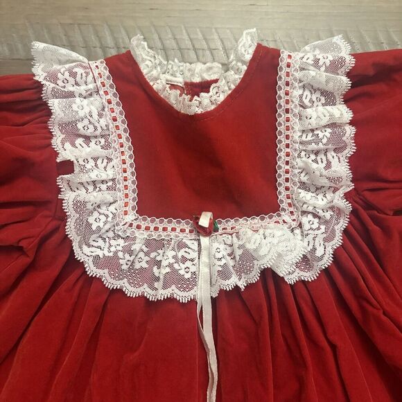 VTG 80s Velvet Bib Holiday Dress Sz 6X Red White Lace Rosette Puff Sleeve Santa - Picture 2 of 15
